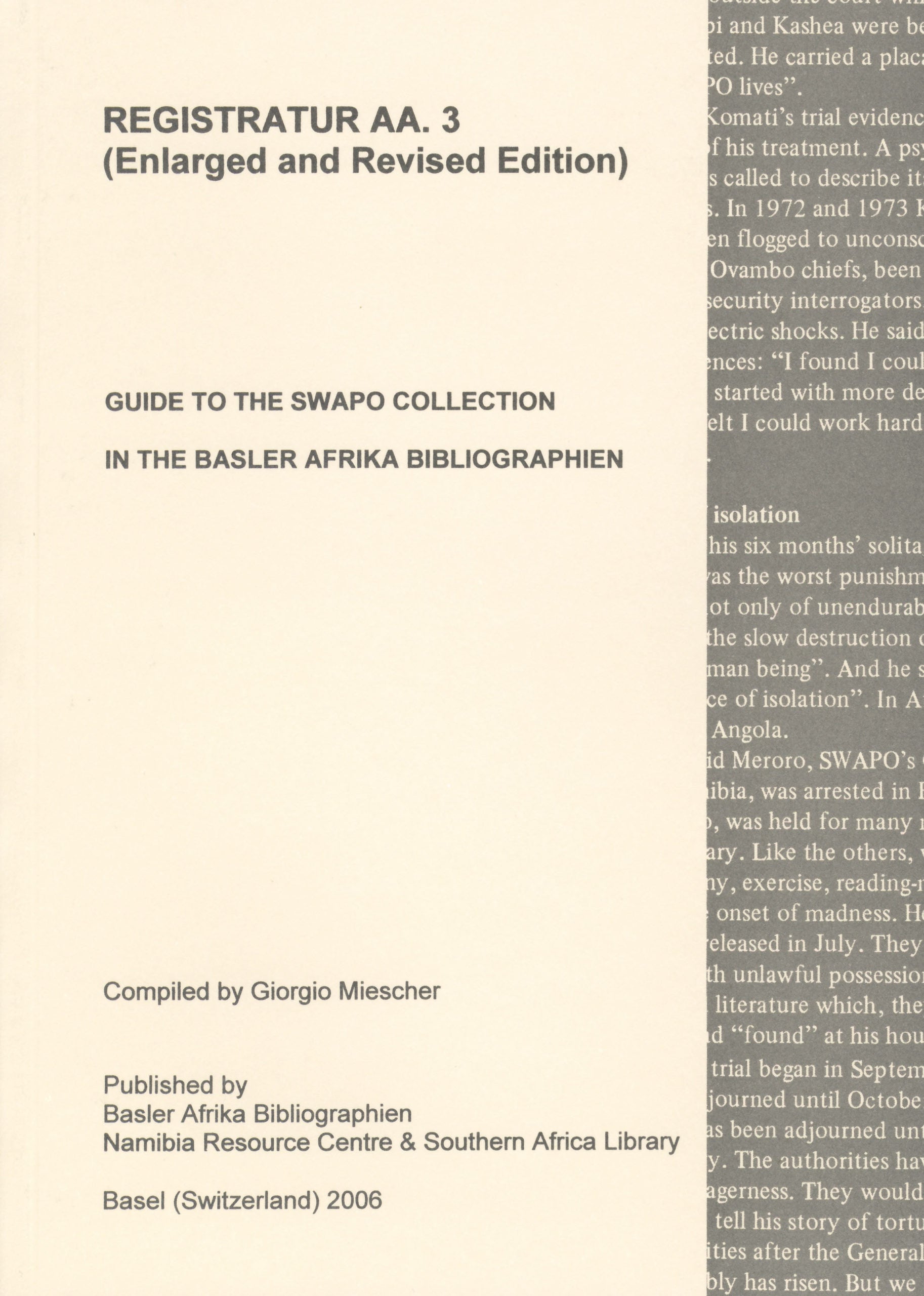 Registratur AA.3: Guide to the SWAPO Collection in the Basler Afrika Bibliographien (Enlarged and Revised Edition)